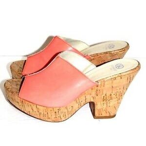 DEE KELLER CLASSIC Pink Peach Coral Leather Clogs Wedge Platform Sandals